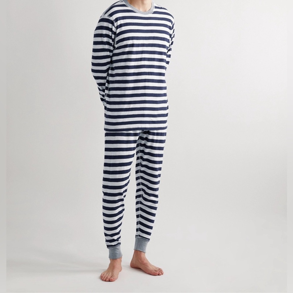 Sleepy Jones Keith Striped Cotton-Jersey Pajama‎ Lounge Set Blue White Medium